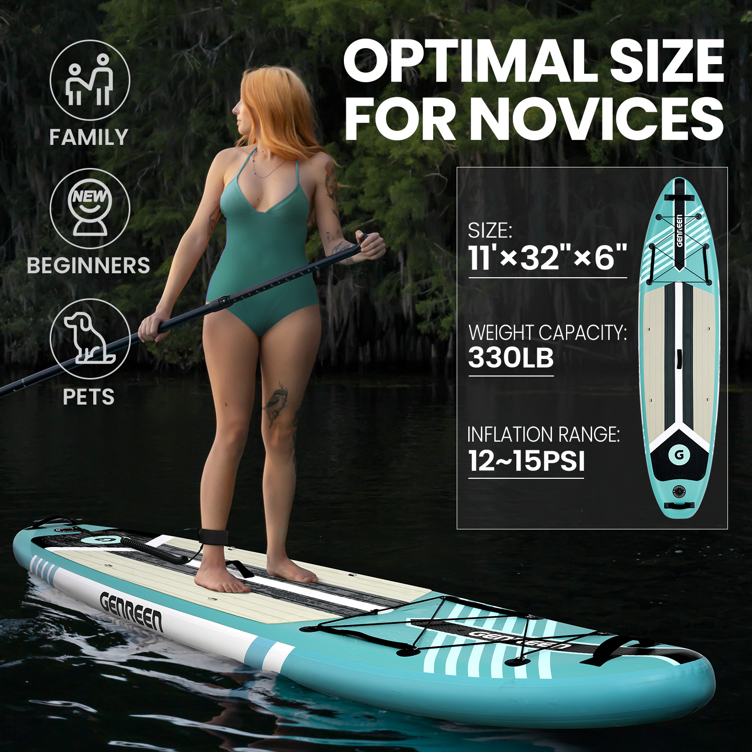 SUP Gonfiabile Genreen 11' x 32'' x 6'' All Round Verde Acqua - immagine 8