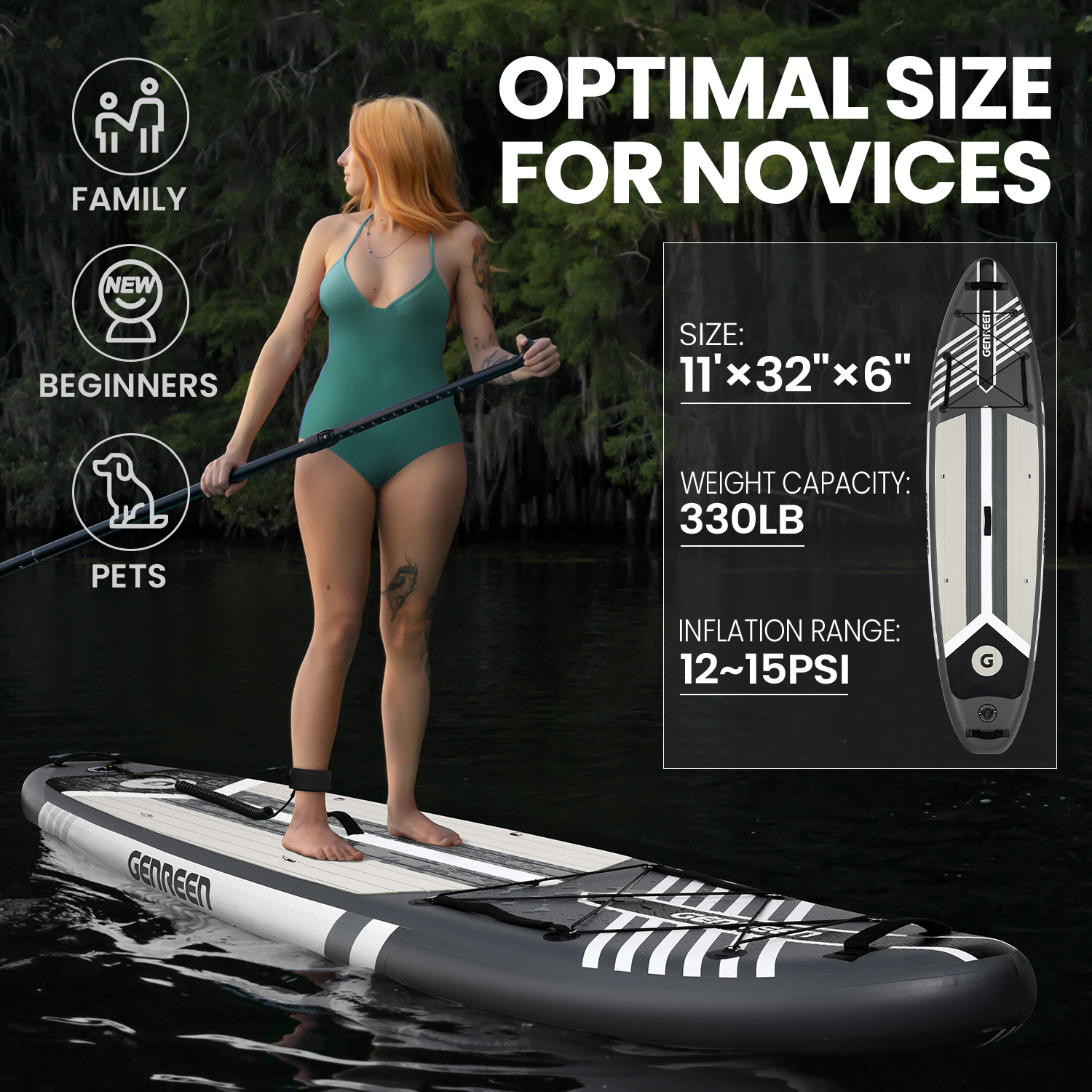 SUP Gonfiabile Genreen 11' x 32'' x 6'' All Round Grigio - immagine 3