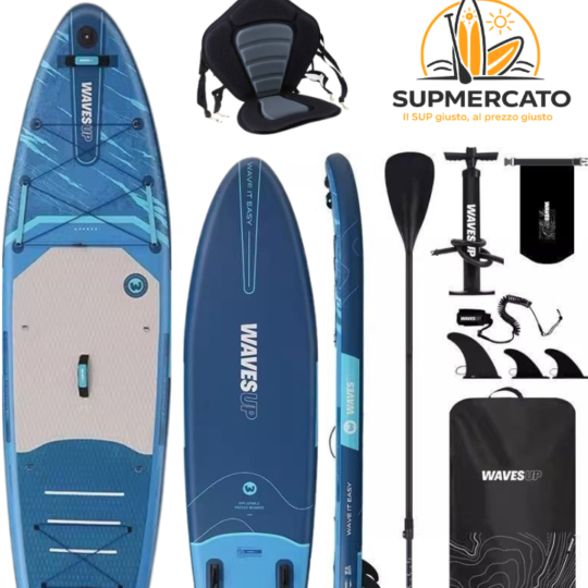 SUP Gonfiabile WAVES UP 11' x 33" x 6" + Sedile Kayak | Set Completo Premium con Dry Bag