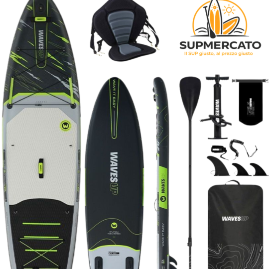SUP Gonfiabile WAVES UP 11' x 33" x 6" + Sedile Kayak | Set Completo Premium Nero con Dry Bag